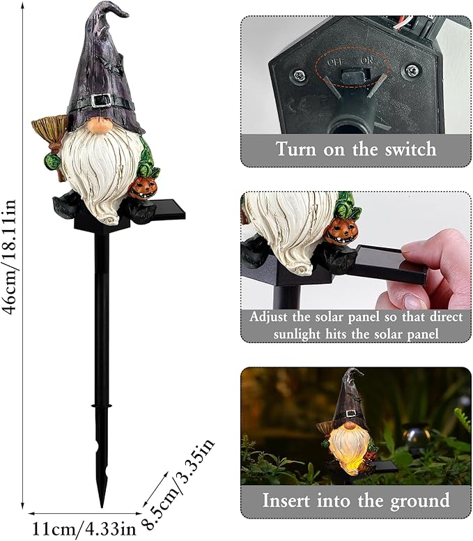 Halloween Gnome Garden Lights Outdoor Solar Halloween Pathway lights, Fall Yard Stakes Fall Decorations Gnome Statue with Bat&Pumpkin, Gnomes Gifts Fairy Garden Lights for Outside Lawn(Purple)