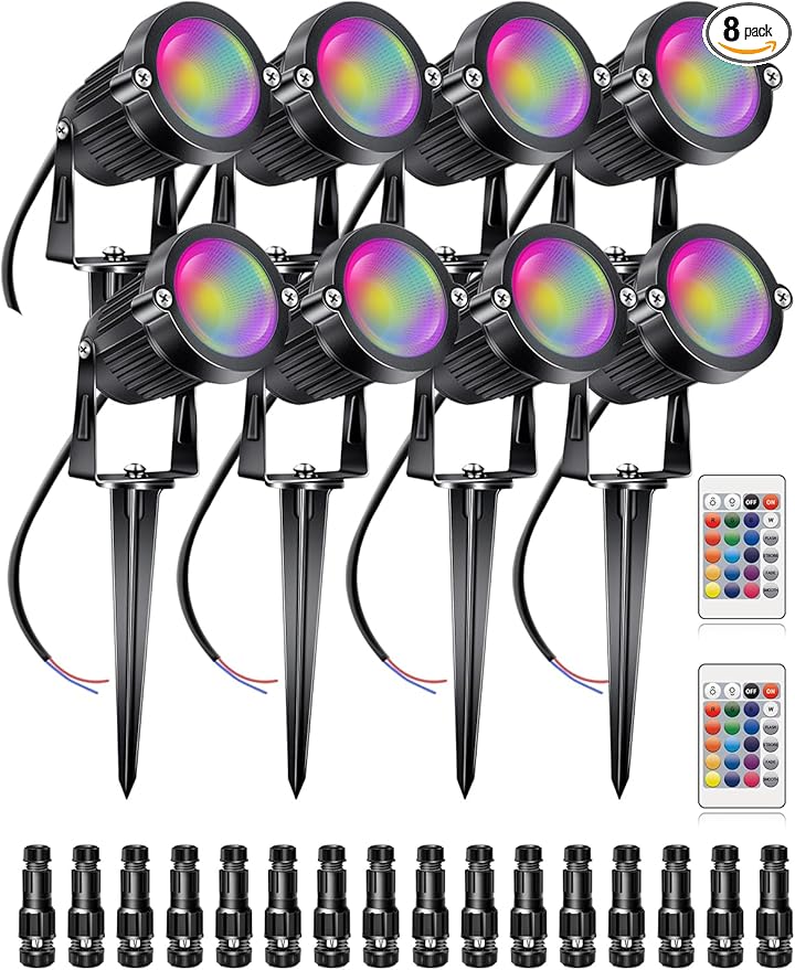 RGB+W Low Voltage Landscape Lights with Remote Control 5W 12V Landscape Lighting LED 16 Color Changing Spotlights Outdoor Waterproof Pathway Lights Garden Decorative(Not Include Transformer)