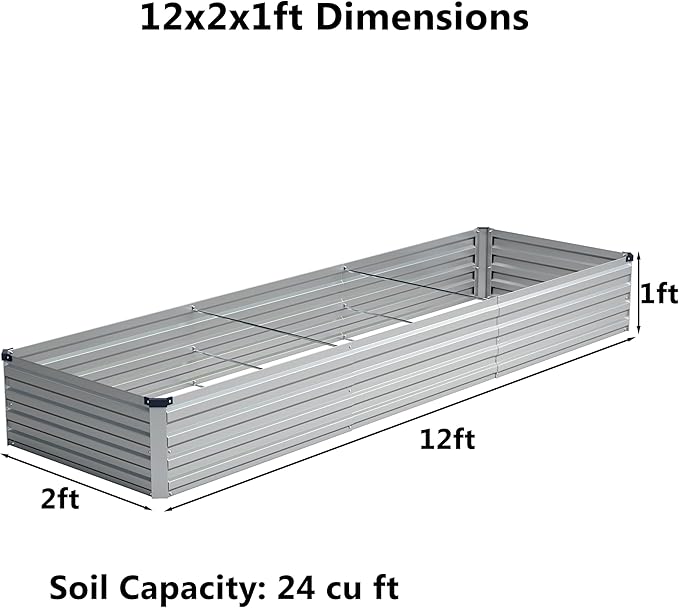 zunatu 12x2x1 ft(2 Pack) Galvanized Raised Garden Bed,Outdoor Planter Box Metal Patio Kit Planting Bed for Vegetables Flowers and Succulents,Silver