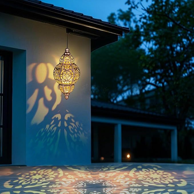 Solar Lanterns Outdoor Garden Decor, Hanging Moroccan Lanterns for Outside, Metal Solar Chandelier Outdoor for Mother's Days Gifts, Patio,Lawn, Yard Art for Women