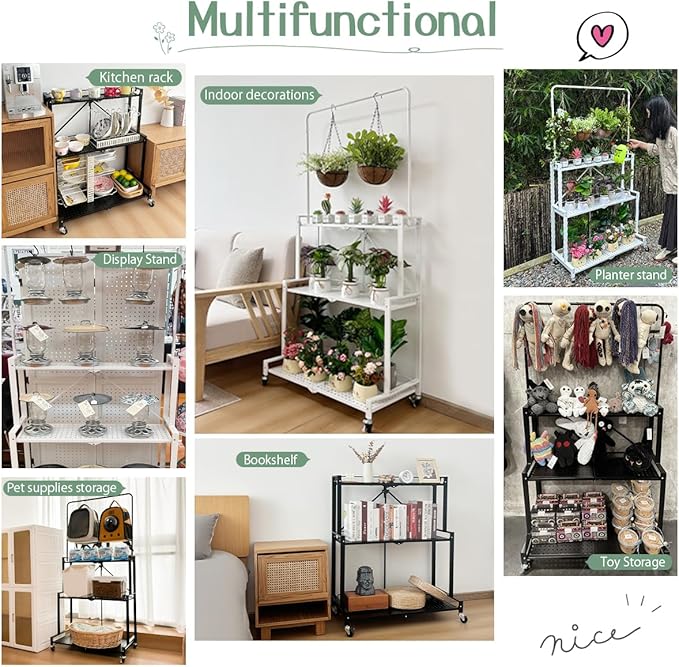 lumizone Foldable 4-Tier Plant Stand Indoor Outdoor Hanging Plant Shelf No Assembly Required Pot Placement Area With Wheels Sturdy Fall Prevention Storage Shelf Flower Pot Stand(4 Tier-White)