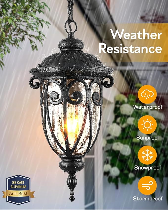VIANIS Black Outdoor Pendant Light Lantern, Modern Chandelier, Handcrafted Hanging Lights with Seed Glass, Outdoor Ceiling Lights for Porch, House, Doorway, Garden, Entryway