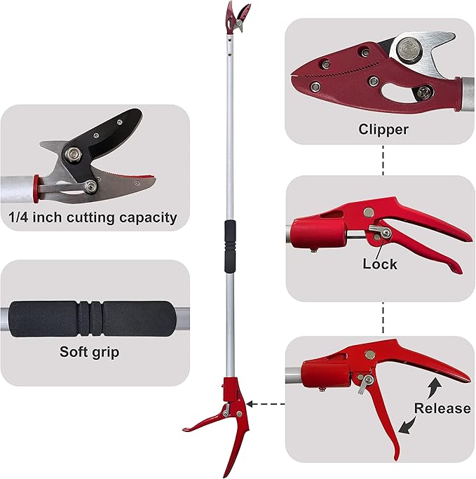 Tree Trimmer, 6 Foot Pole Pruner, Long Reach Pruning Shears, Cut and Hold Garden Clippers, Aluminum Lightweight Handle Fruit Picker, Branch Bypass Loppers