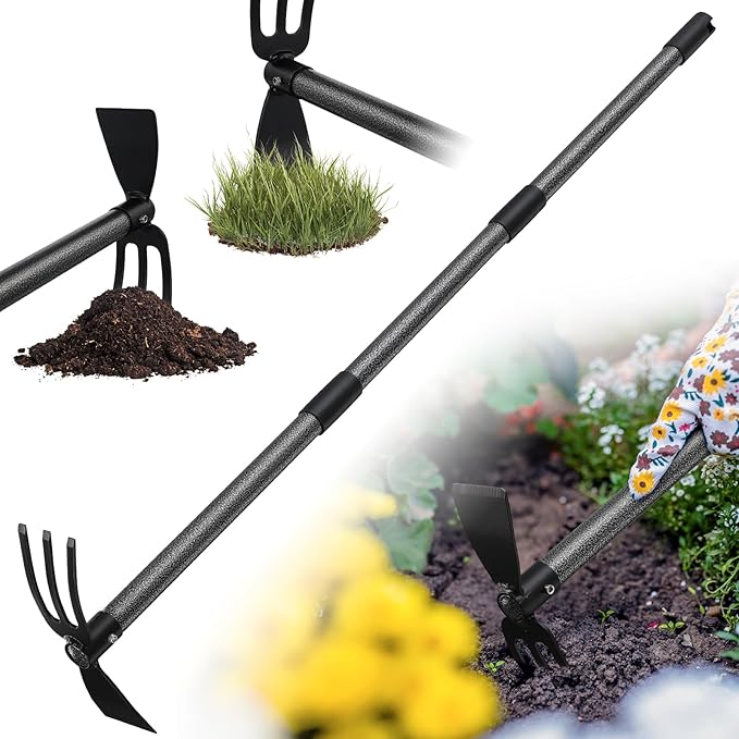2-in-1 Garden Hoe Tool with Cultivator Rake, 45" Long Handle Small weed Hoe for Weeding, Heavy Duty hand tiller Gardening Hoes for Raised Beds, Backyards,Indoor Greenhouse, Outdoor Planting
