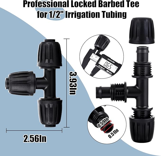 12pc 1/2 inch Drip Irrigation Fittings Tee Connectors,ANTI-DROP Lock Barbed Tee Connectors For (1/2" ID x0.6-0.63" OD) Drip Tubing Drip Irrigation Fittings
