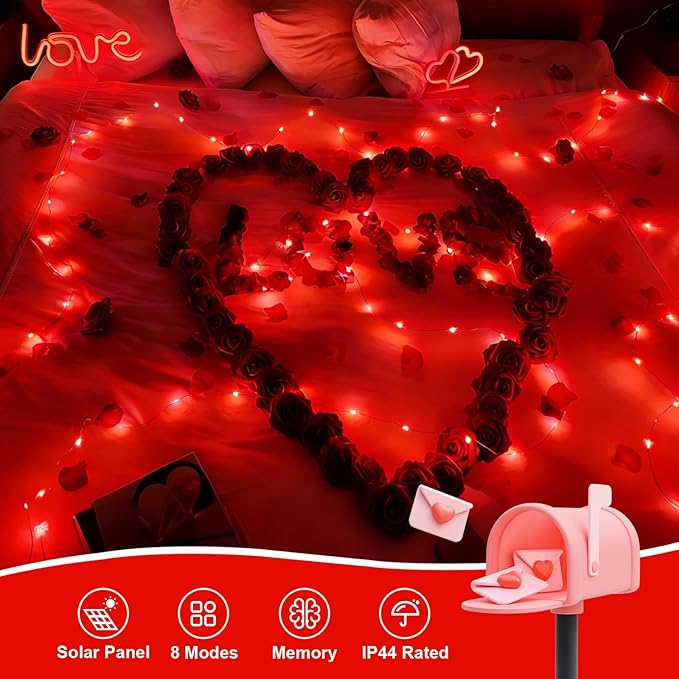 QITONG 4 Pack Solar Fairy Lights, Each 33ft 100 LED Red Christmas String Light Outdoor Waterproof, 8 Modes Silver Wire Twinkle Mini Lights