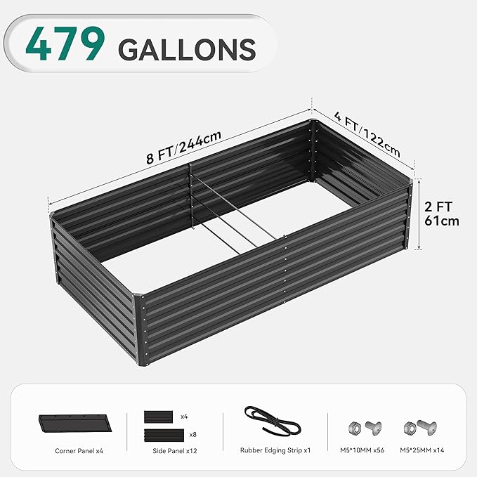 YITAHOME 96x48x24 in Galvanized Raised Garden Bed Kit, Large Metal Planter Box with Gloves, Safety Rubber & Support Rod, Outdoor Flower Bed for Plants Vegetables, Black