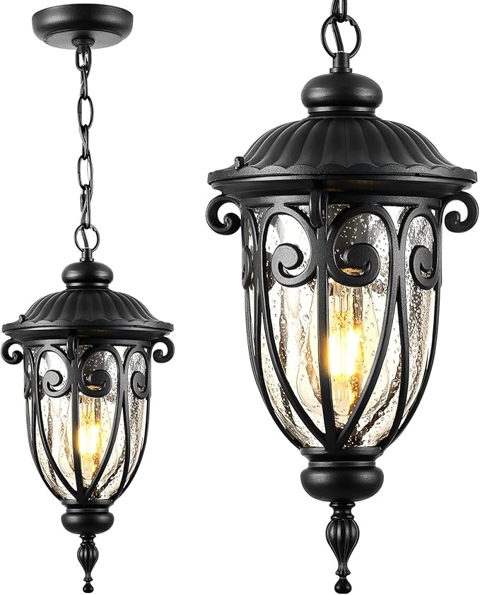 VIANIS Black Outdoor Pendant Light Lantern, Modern Chandelier, Handcrafted Hanging Lights with Seed Glass, Outdoor Ceiling Lights for Porch, House, Doorway, Garden, Entryway
