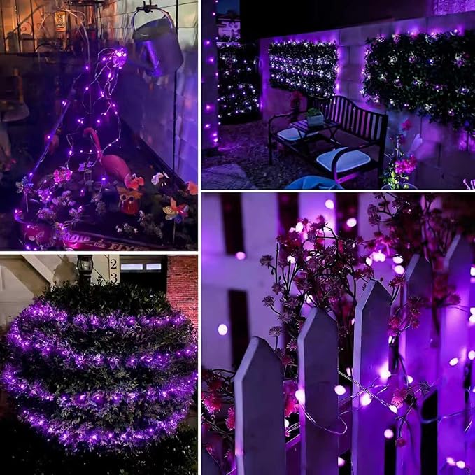 QITONG 4 Pack Solar Fairy Lights, Each 33ft 100 LED Purple Christmas String Light Outdoor Waterproof, 8 Modes Silver Wire Twinkle Mini Lights