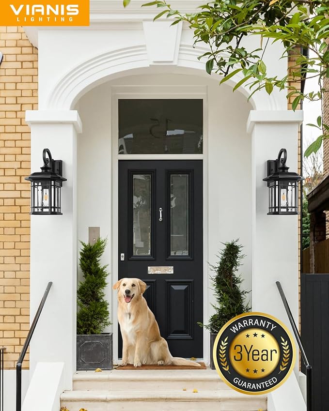 VIANIS 16.7 in Large Black Dusk to Dawn Outdoor Lighting, Anti-Rust Porch Light Fixture with Seed Tempered Glass, Waterproof Outdoor Wall Lights, Exterior Lighting Fixtures for House, Garden, Garage