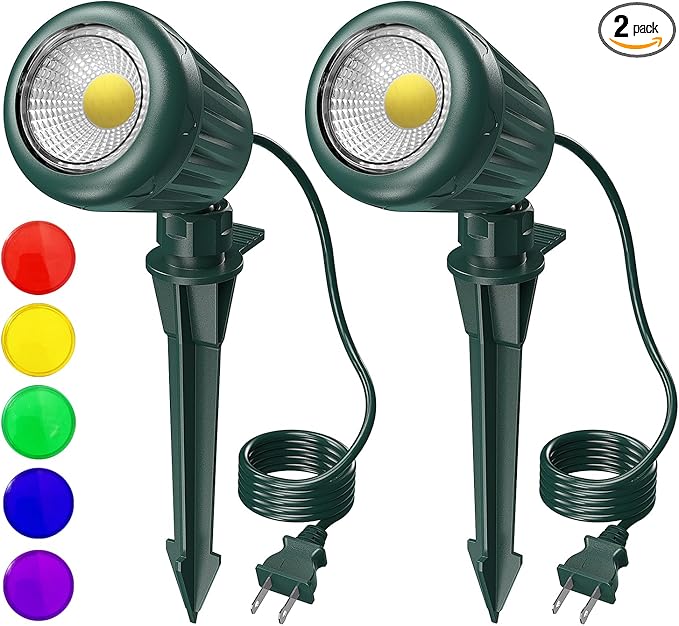 Outdoor Spot Lights for Yard,120V Plug-in Halloween Spot Lights,6000K Landscape Lighting with 5 Color Lenses (Red, Yellow, Green, Blue, Purple)IP65 Waterproof,Garden, Lawn Tree Decoration,2 Pack