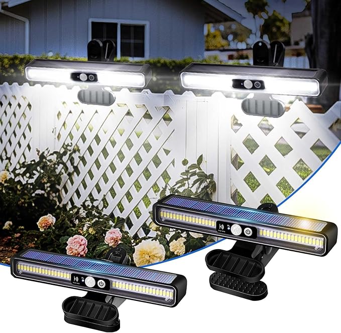 Clip on Solar Motion Sensor Lights Outdoor Waterproof with 36 LEDs, 6000K, 2 Pack Solar Powered Fence Lights for Outside Chain Link Fence Garage Gutter Camping (Cool White)