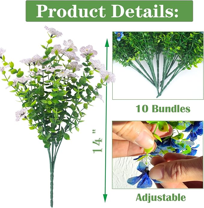 10 Bundles Artificial Flowers Outdoor UV Resistant Fake Flowers No Fade Faux Plants Garden Porch Window Box Decorating (White)