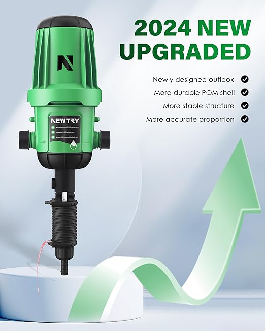 NEWTRY Fertilizer Injector for Drip Irrigation, 0.4%-4% Adjustable Dosing Pump, 3/4'' NPT Water Powered Liquid Doser for Garden, Greenhouse, Irrigation & Hydroponic System, Farm, Grow Tent Green