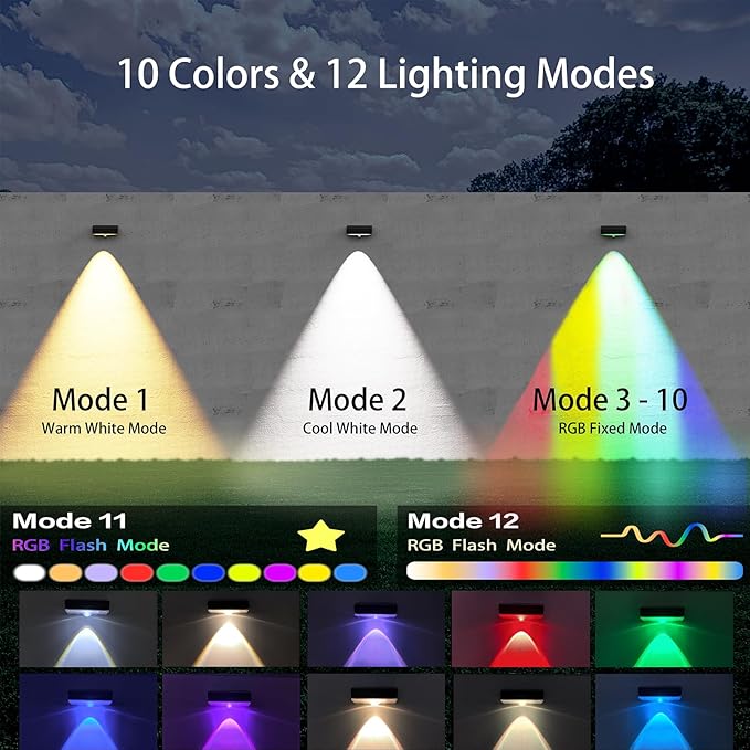 Solar Fence Lights,10 RGB Color Changing Modes,Solar Lights Powered Waterproof IP65,30 Hours Runtime,Easy Installation for Fence,Garden,Yard,Patio,Pool,Porch,Holiday Decor(24P)