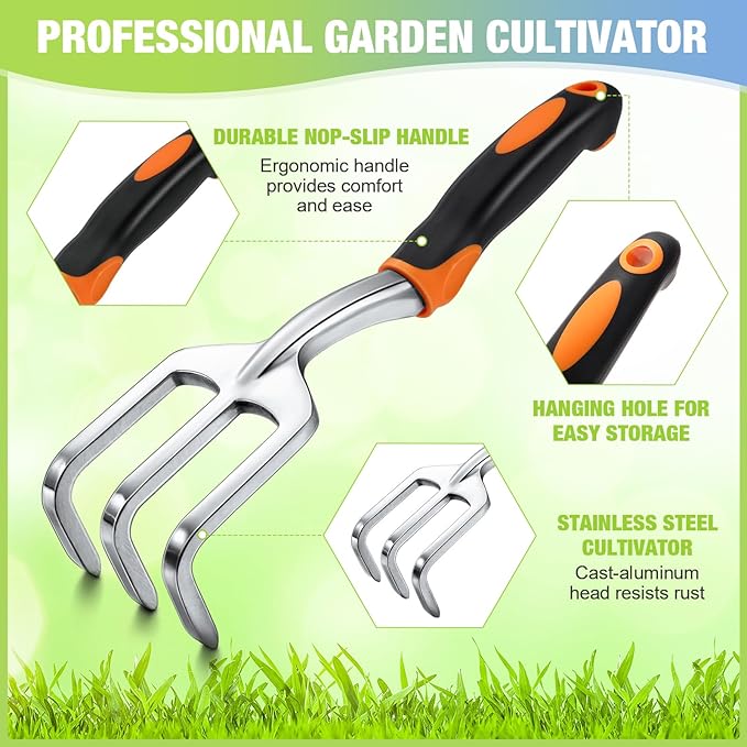 Yaocom 12 Pcs Hand Rake Garden Tool Mini Heavy Duty Garden Cultivator 11 Inch Small Rake Gardening Aluminum Alloy Hand Tiller with Handle for Digging Weeding Loose Soil (Red,Orange,Yellow,Green)