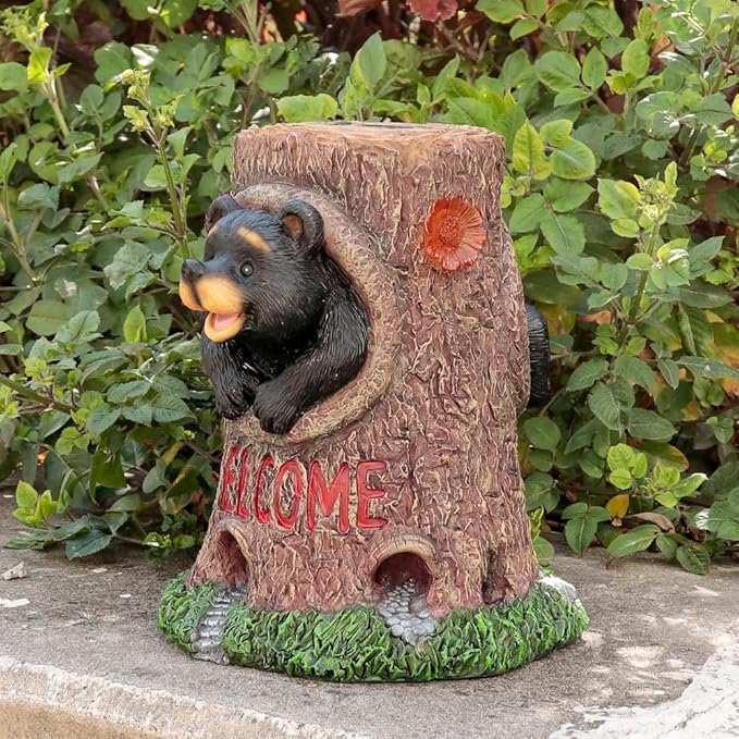 Solar Light Fairy Tree House with Bear Statue - Fun Natural Bear Figurine Sculpture with Solar LED Lights for Indoor Outdoor Art Decorations, Patio Yard Lawn Ornaments Gift