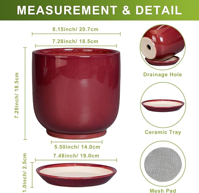 SUNPOTFOR Ceramic Flower Pot for Plants - Cylinder Modern 8 Inch Plant Pot Indoor with Drainage Hole and Saucer, Home Office Room Porch Decor, Red