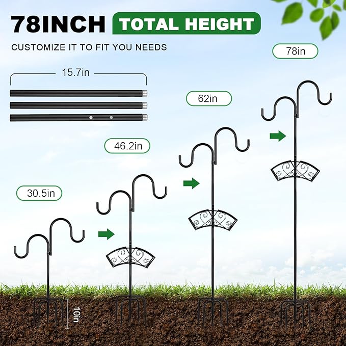 Double Shepherds Hooks for Outdoor, Upgraded Heavy Duty Bird Feeder Pole, Freestanding Hose Stand Adjustable Water Hose Holder with 5 Prongs Base, Thickened Garden Hooks for Outside Yard Lawn