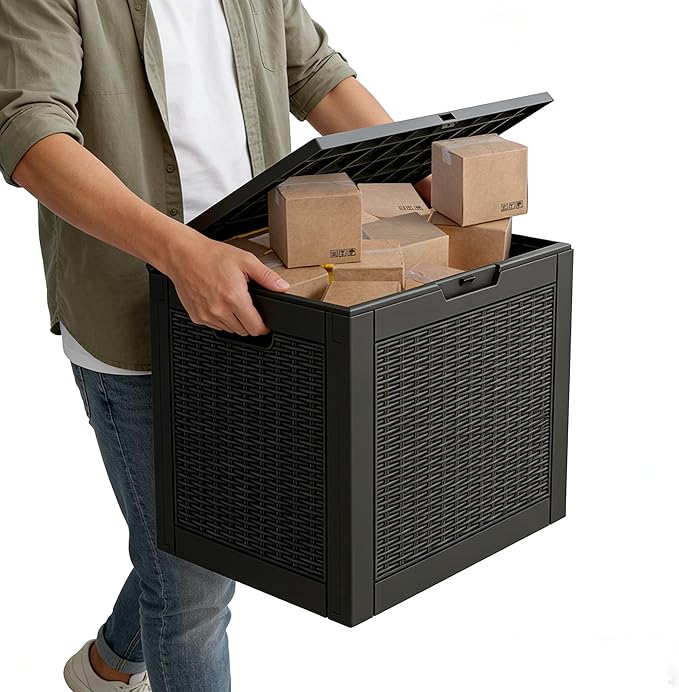 WTFGO 31 Gallon Outdoor Storage Deck Box Waterproof,Garden Tool,Backyard Cushion,Poolside Storage,Small Delivery Boxes for Outside,Lockable Lid,Rattan Black