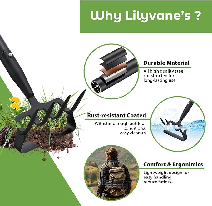 Garden Hoe,2 in 1 Heavy Duty Stirrup Hoe and Cultivator Gardening Tool Set with 62 inch Long Handle,Lightweight Hoes Weeding Rake for Fast Weeds Grass Removal,Cultivating, Loosen Soil, Sharp Edge