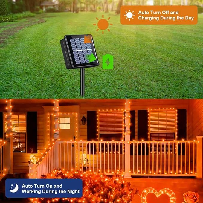 QITONG 4 Pack Solar Fairy Lights, Each 33ft 100 LED Orange Christmas String Light Outdoor Waterproof, 8 Modes Silver Wire Twinkle Mini Lights