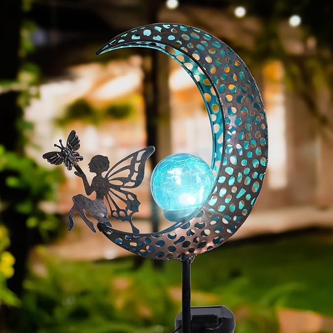 Bshine Moon Solar Light Outdoor Garden Decoration, Moon Fairy Garden Statue Decor,Metal Waterproof Light Stake for Patio, Path, Yard and Lawn Ornament, Housewarming Gift for Mom,Blue