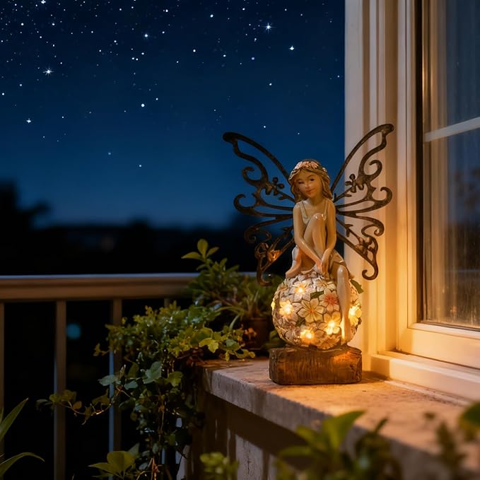 Flower Fairy Garden Decor,Garden Fairy Statues Outdoor,Solar Powered Outdoor Fairy Figurine Accessories,Patio Lawn Yard Porch, Resin Ornaments for Outside Gifts,9.45 Inches Tall