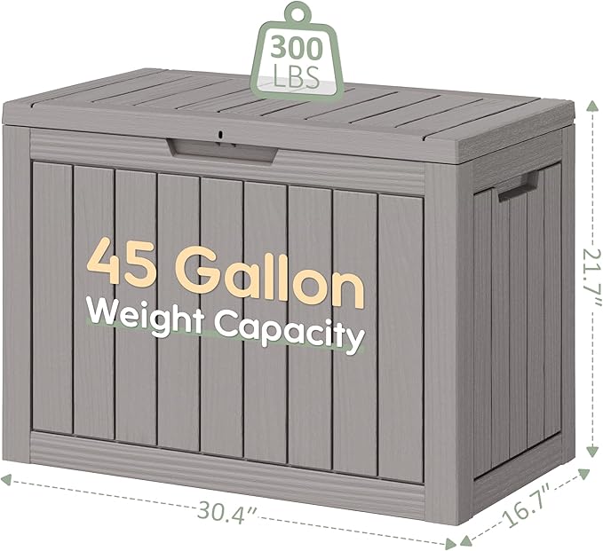 WTFGO 45 Gallon Outdoor Storage Deck Box Waterproof,Garden Tool,Backyard Cushion,Poolside Storage,Small Delivery Boxes for Outside,UV-Resistant & All-Weather,Wood-like Striped Gray