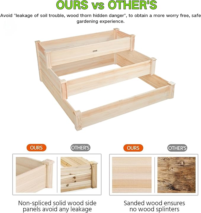 ZSYWODFO 3-Tier Raised Garden Bed with Fabric Liner, Wood Elevated Planter Box with Dovetail Joint Design, 3 Dividable Bed Kit for Vegetables/Herbs/Flowers, Outdoor Gardening for Patio, Lawn, Balcony