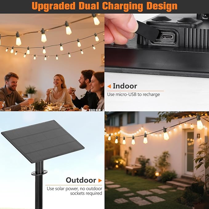 50FT Solar String Lights Outdoor with Remote, IP65 Waterproof Shatterproof ST38 LED Bulbs, 2700K Dimmable Outside Hanging Lights for Patio, Garden, Camping, Deck, Backyard Decor