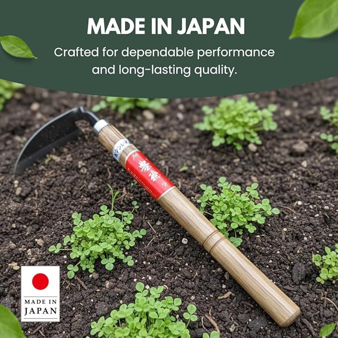 Hounen Miyawaki Japanese Weeding Sickle, Twisted Stainless Steel Kama Weeder (4.7 in (12 cm) Blade), 13 in (33 cm) Wood Handle, Root Slicer for Garden Beds & Crabgrass, Made in Japan