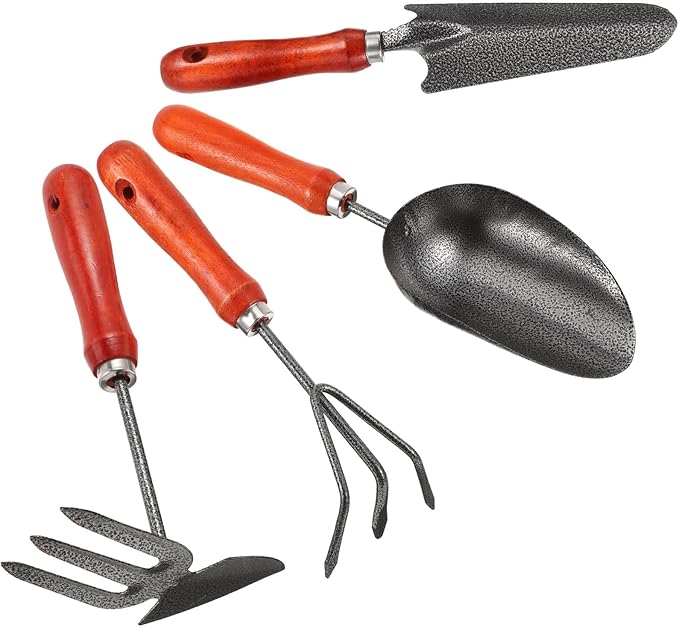 Housoutil 4pc Hand Garden Tools Set with Thick Painted Shovel, Rake, Narrow Trowel and Dual-Purpose Hoe, Sturdy Transplanting and Weeding Kit for Vegetable Gardens and Flower Pots
