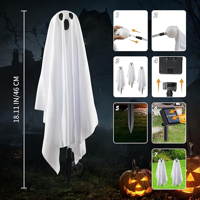 Halloween Decorations Solar Garden Lights Outdoor,6PACKS Halloween Ghost Decorations Lights with Scary Party Gifts Decor,Solar Scary Ghost Path Lights for Halloween Party Decor Cold White