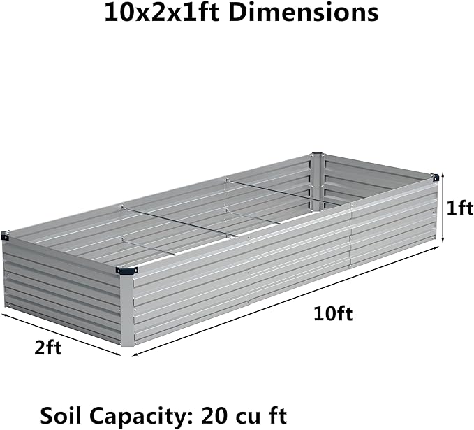 zunatu 10x2x1ft(2 Pack) Galvanized Raised Garden Bed,Outdoor Planter Box Metal Patio Kit Planting Bed for Vegetables Flowers and Succulents,Silver