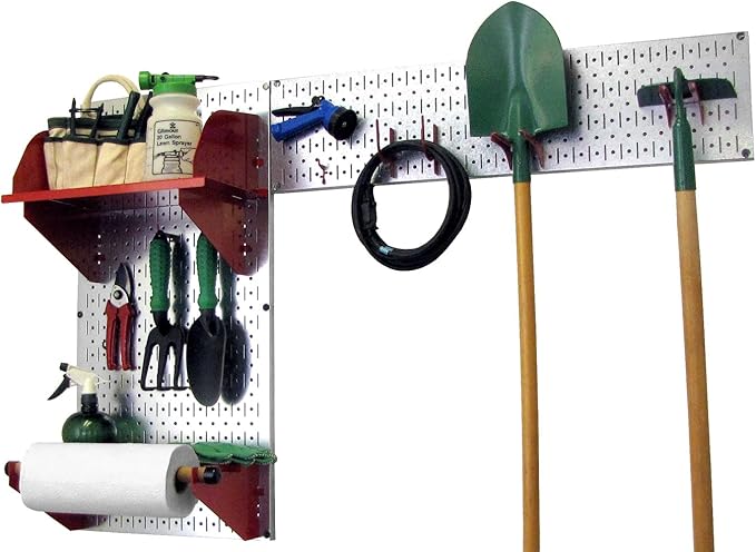 Wall Control Pegboard Garden Supplies Storage and Organization Garden Tool Organizer Kit with Metallic Pegboard and Red Accessories