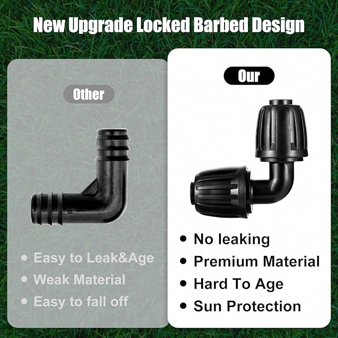 12pc 1/2 inch Drip Irrigation Elbow Fittings,ANTI DROP Lock Barbed Elbow For (1/2" ID x0.6-0.63" OD) Drip Tubing Irrigation Fittings (12pc 1/2 inch Irrigation Elbow Fittings)