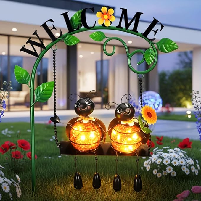Ladybug Swing Solar Light Metal Christmas Ladybug Hanging Animal Garden Decorative Gift with Welcome Sign Waterproof Solar Outdoor Lights for Patio Balcony Pathway Lawn Yard Gifts