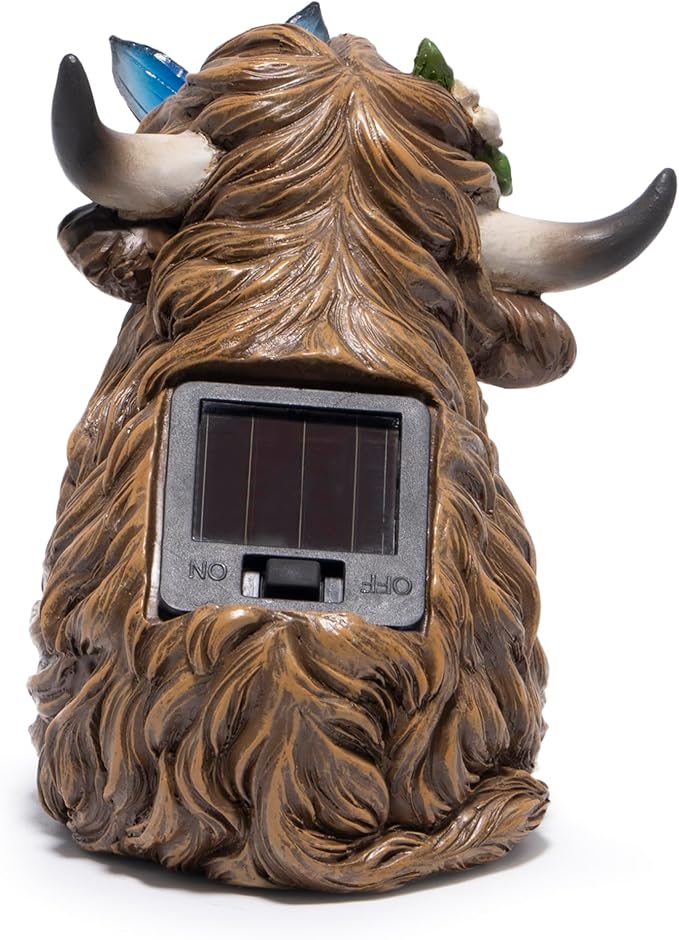 basen Solar Powered Highland Cow Statue for Garden, Resin Outdoor Decor with Illuminated Butterfly, Waterproof Lawn Yard Ornament with Auto On Off Light for Patio Backyard