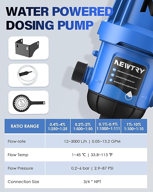 NEWTRY Fertilizer Injector for Drip Irrigation, 1%-10% Adjustable Dosing Pump, 3/4'' NPT Water Powered Liquid Doser for Garden, Greenhouse, Irrigation & Hydroponic System, Farm, Grow Tent Blue
