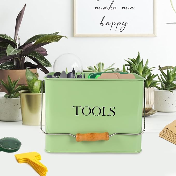 Xbopetda Garden Tool Organizer, Metal Tool Caddy with 3 Compartments, Portable Garden Tool Basket with Handle, Gardening Tool Kit Holder Empty, Garden Tool Storage for Indoor and Outdoor Use - Green