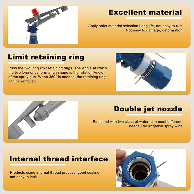1.0" Agriculture Farm Irrigation Sprinkler Lawn Sprinkler Irrigation Spray Gun Large-Area Watering Spray 360° Rotary Farm Lawn Garden Irrigation, Pack of 2