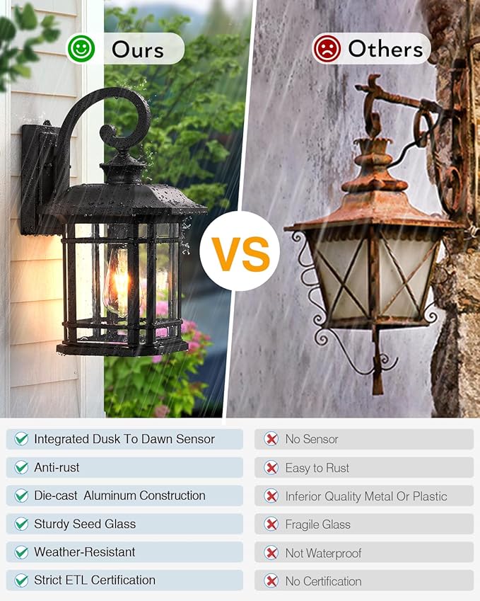 VIANIS 16.7 in Large Black Dusk to Dawn Outdoor Lighting, Anti-Rust Porch Light Fixture with Seed Tempered Glass, Waterproof Outdoor Wall Lights, Exterior Lighting Fixtures for House, Garden, Garage