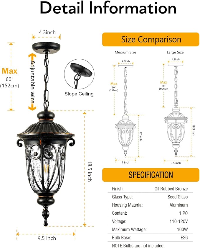 VIANIS Large Outdoor Pendant Light, Vintage Outdoor Chandelier, Farmhouse Waterproof Hanging Lights with Seed Glass, Ceiling Lights for Porch, House, Garden, Doorway, Anti-Rust