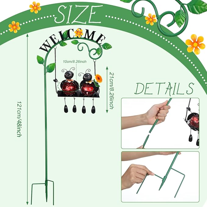 Ladybug Swing Solar Light Metal Christmas Ladybug Hanging Animal Garden Decorative Gift with Welcome Sign Waterproof Solar Outdoor Lights for Patio Balcony Pathway Lawn Yard Gifts