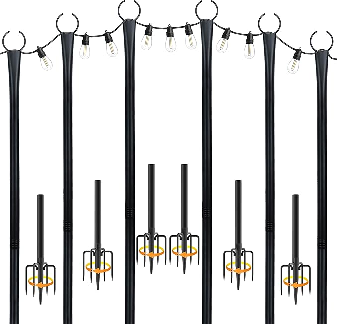 10 Ft String Light Poles for Outside, 6 Pack Heavy-Duty Metal Poles for Outdoor Hanging Lights with Fence Brackets, Outdoor String Light Pole Stand for Patio, Backyard, Garden