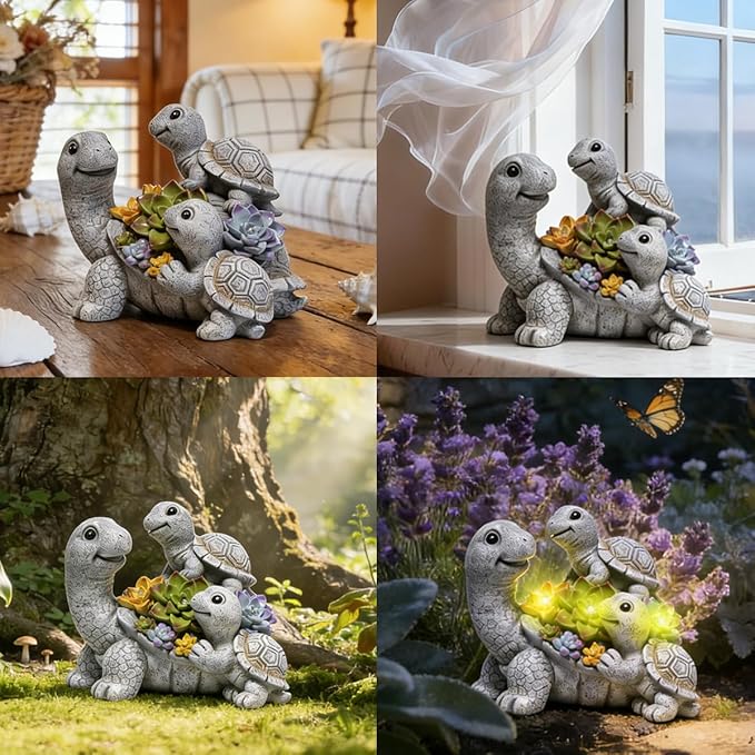 basen Solar Turtle Garden Statue with LED Succulent Lights, Resin Outdoor Tortoise Family Figurine, Waterproof Yard Lawn Patio Decor, Cute Animal Sculpture for Porch, Backyard, Gift