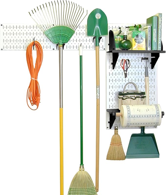 Wall Control Pegboard Garden Supplies Storage and Organization Garden Tool Organizer Kit with White Pegboard and Black Accessories