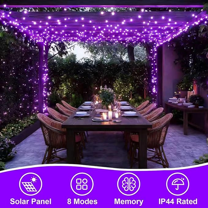 QITONG 4 Pack Solar Fairy Lights, Each 33ft 100 LED Purple Christmas String Light Outdoor Waterproof, 8 Modes Silver Wire Twinkle Mini Lights