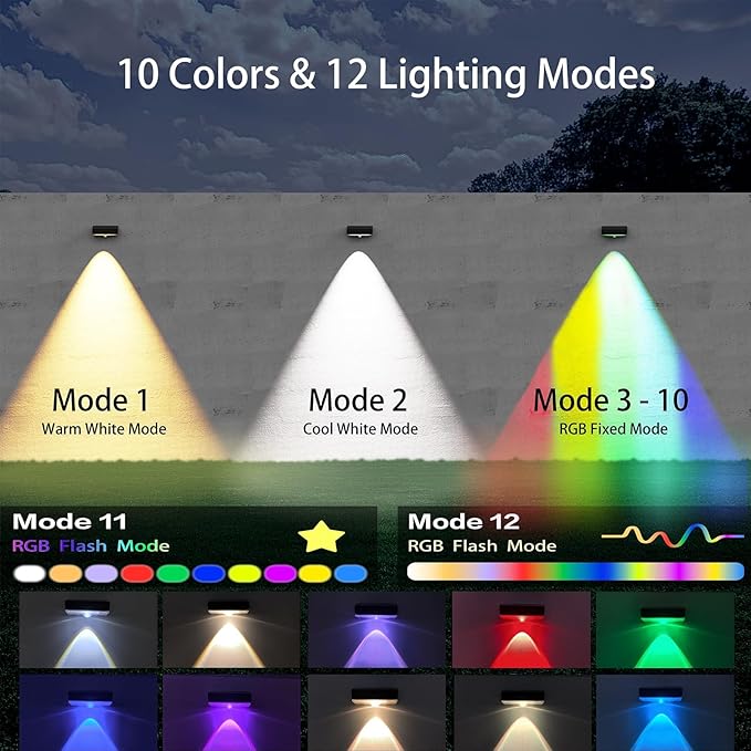 Solar Fence Lights,10 RGB Color Changing Modes,Solar Lights Powered Waterproof IP65,30 Hours Runtime,Easy Installation for Fence,Garden,Yard,Patio,Pool,Porch,Holiday Decor(4P)